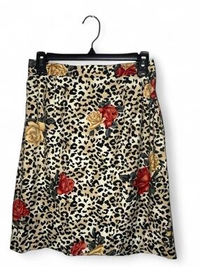 Leopard Rose A-Line Skirt in Beige with Red & Gold Roses